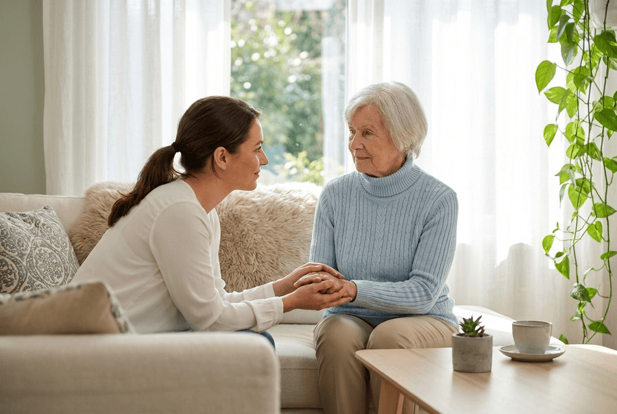 Seniorin wird von einer Pflegekraft begleitet