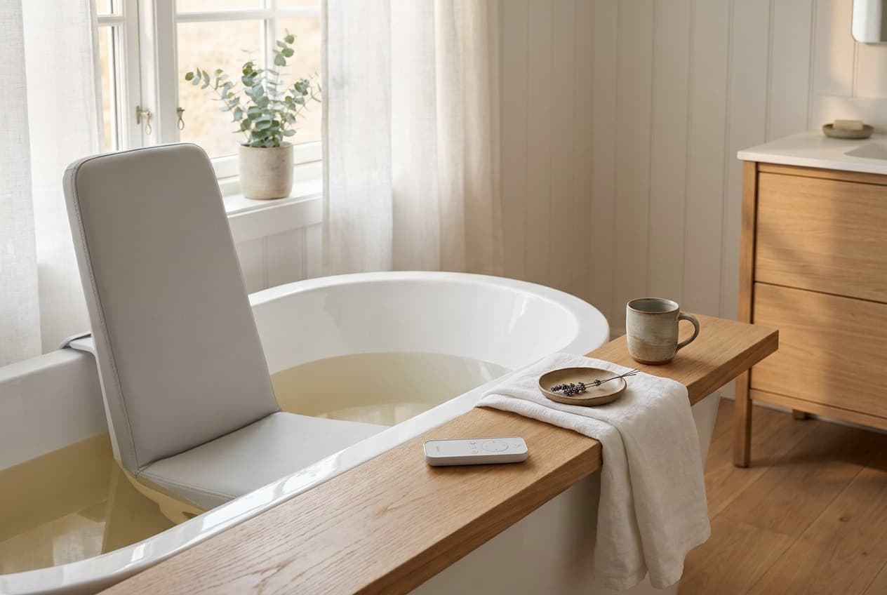 Badewannenlifter in einer modernen Badewanne: Hilfsmittel zum sicheren Ein- und Aussteigen