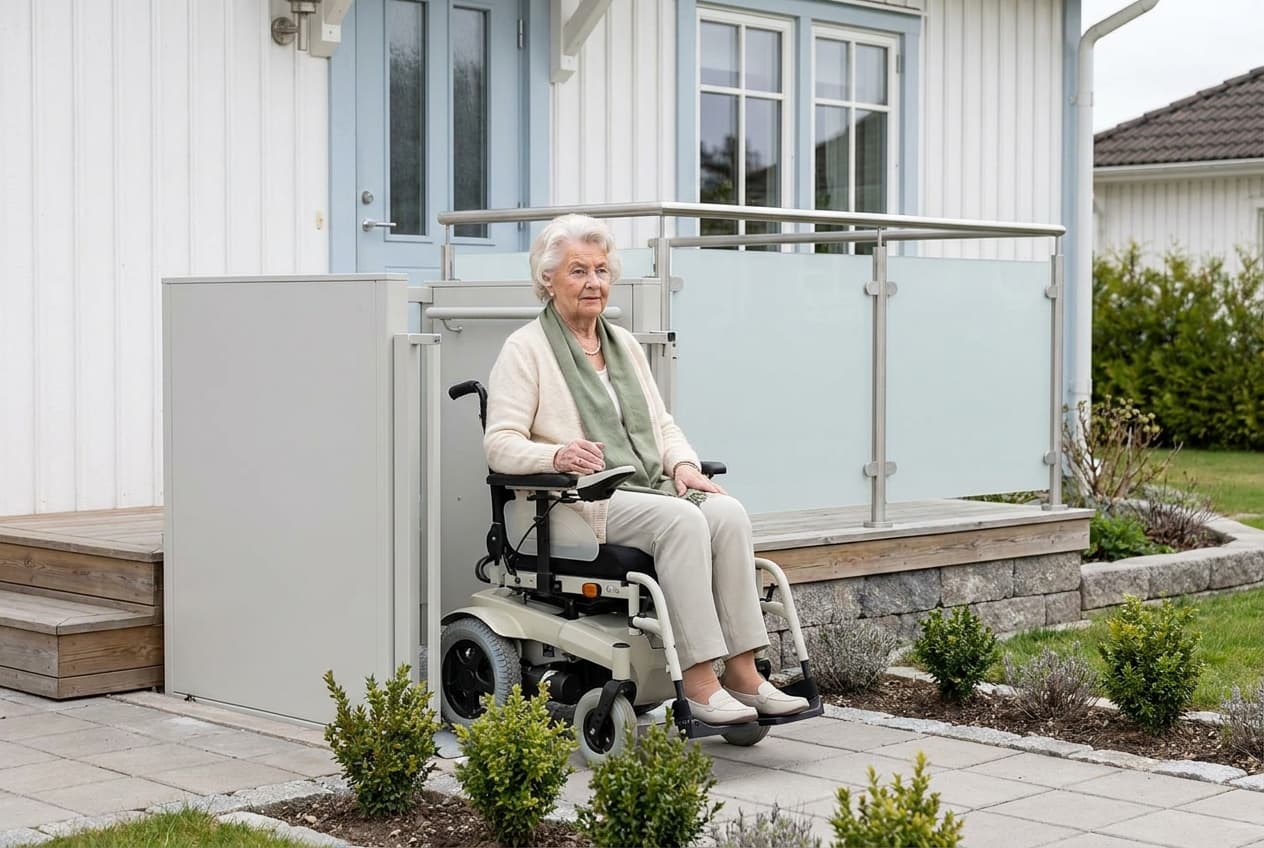 Hublift am Hauseingang: senkrechter Plattformlift überwindet Stufen vor dem Eingang