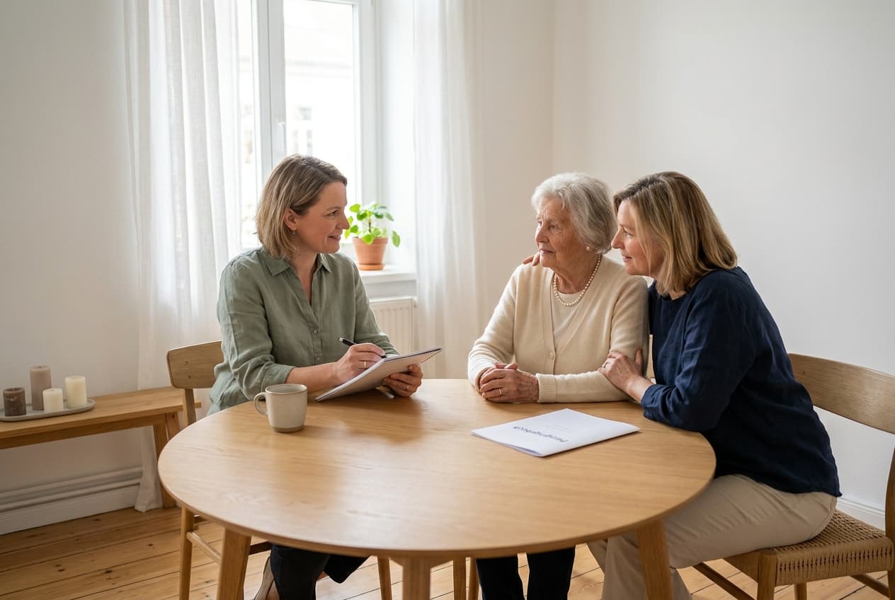 MD-Begutachtung zu Hause: Gutachterin, pflegebedürftige Person und Angehörige