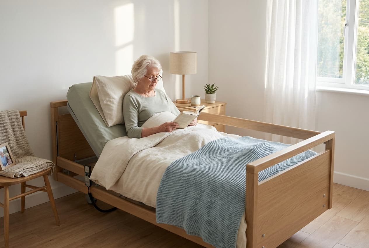 Pflegebett zu Hause: elektrisch verstellbares Bett mit Aufstehhilfe und Seitenstützen