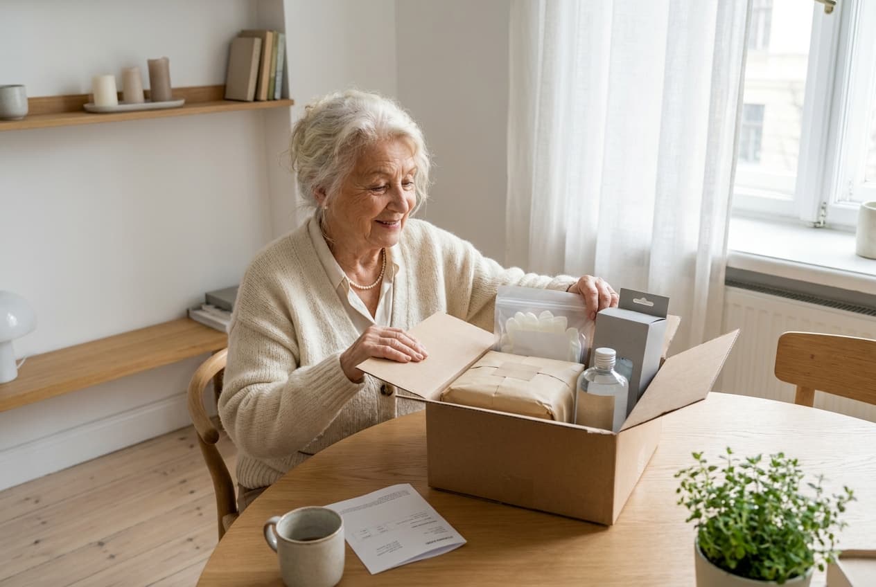 Pflegebox monatliche Lieferung mit Einweghandschuhen, Bettschutzeinlagen und Desinfektionsmitteln