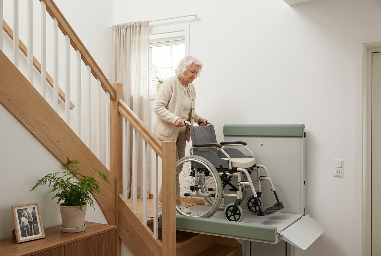 Plattformlift an einer Innentreppe: Treppenlift mit Plattform für Rollstuhl