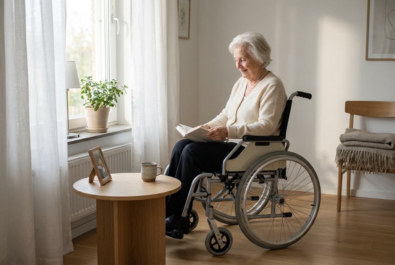 Manueller Rollstuhl im Wohnzimmer: leichter Senioren-Rollstuhl auf Rezept der Krankenkasse