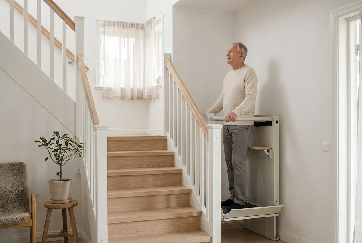 Stehlift an einer Innentreppe: schmaler Treppenlift mit Stehfläche statt Sitz
