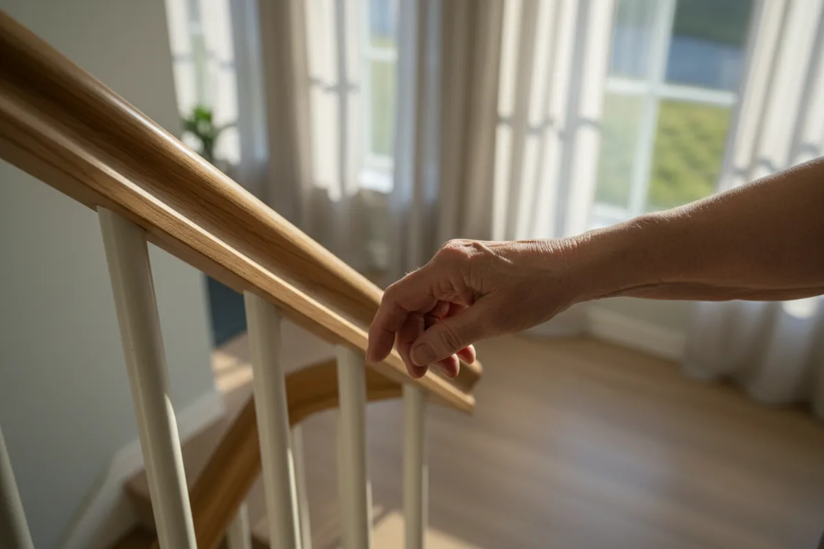 Hand einer älteren Frau am Treppengeländer im weichen Tageslicht, Hilfe und Sicherheit nach einem Sturz im Alter