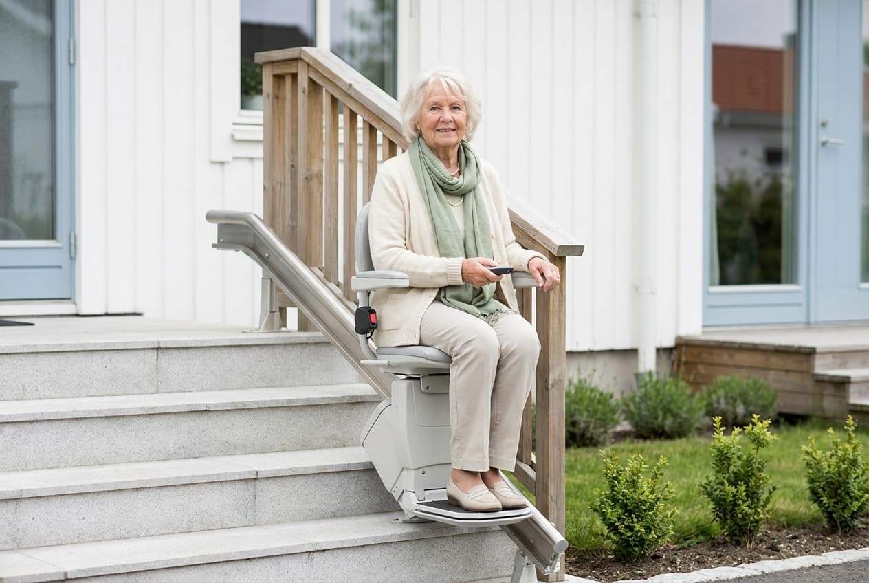 Treppenlift im Außenbereich: wetterfester Sitzlift am Hauseingang