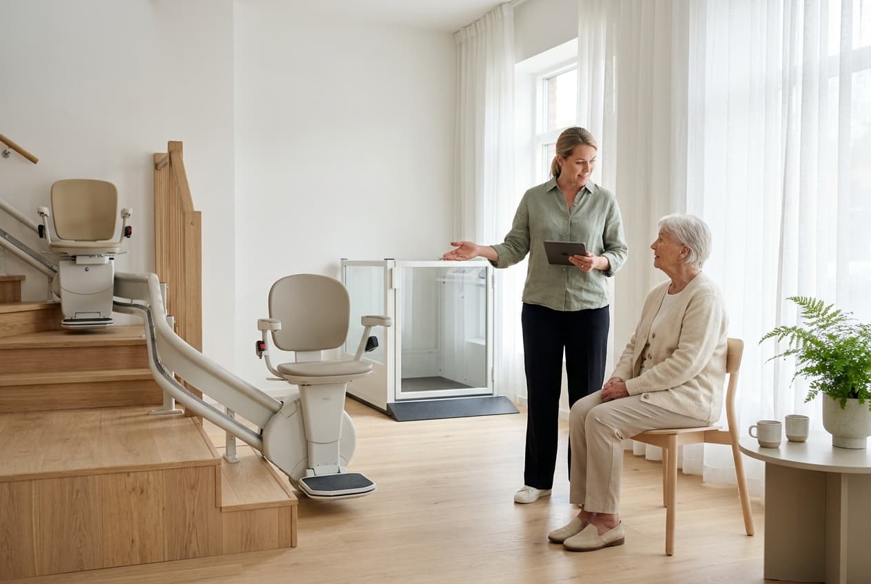 Vergleich Treppenlift-Marken: Anbieter-Beratung in einem Sanitätshaus-Showroom