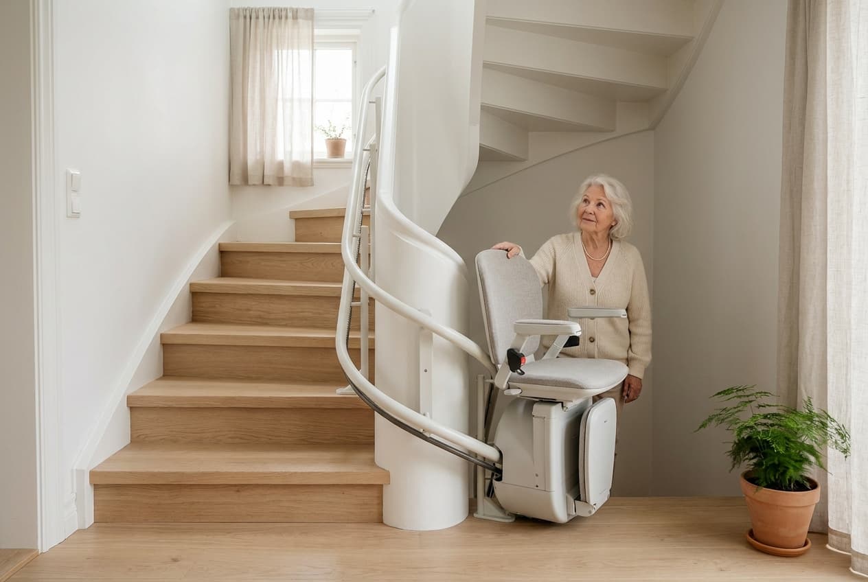 Kurvenlift an einer Wendeltreppe: maßgefertigter Treppenlift folgt der Treppen-Geometrie